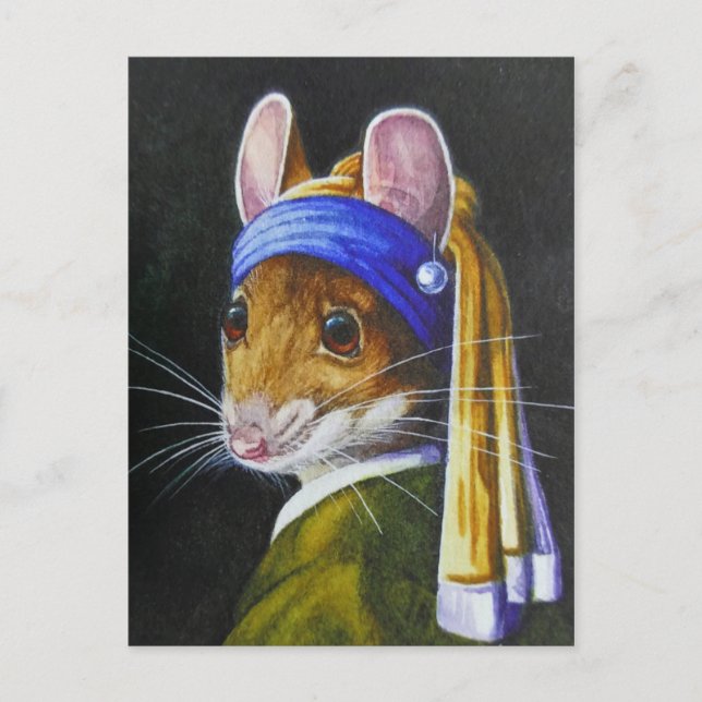 Carte Postale Souris avec perle oreille parodique aquarelle art (Devant)