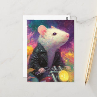 Carte Postale Souris blanche adorable dans une veste en cuir noi