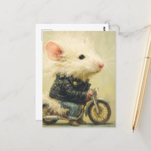 Carte Postale Souris blanche adorable sur une moto