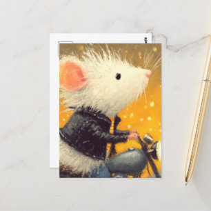 Carte Postale Souris blanche adorable sur une moto