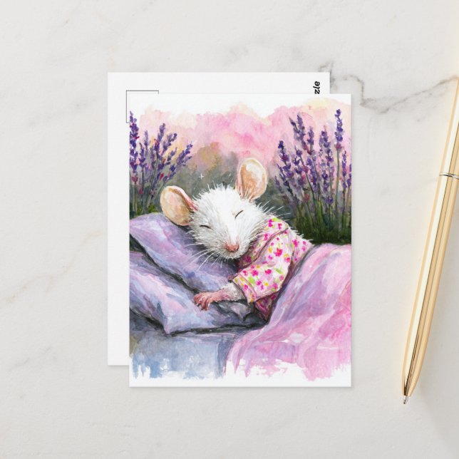 Carte Postale Souris blanche dormant adorable (Devant/Arrière en situation)