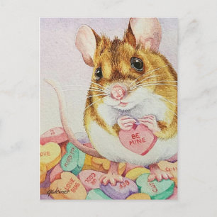 Carte Postale Souris Brown Be Mine Valentine Candy Aquarelle Art