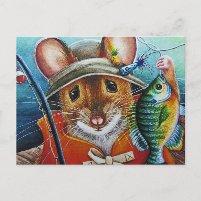 Carte Postale Souris Casquette de pêche de l'aquarelle Bluegill  (Devant)
