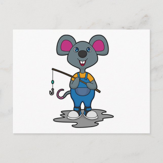 Carte Postale Souris comme Fisher avec une baguette de pêche (Devant)