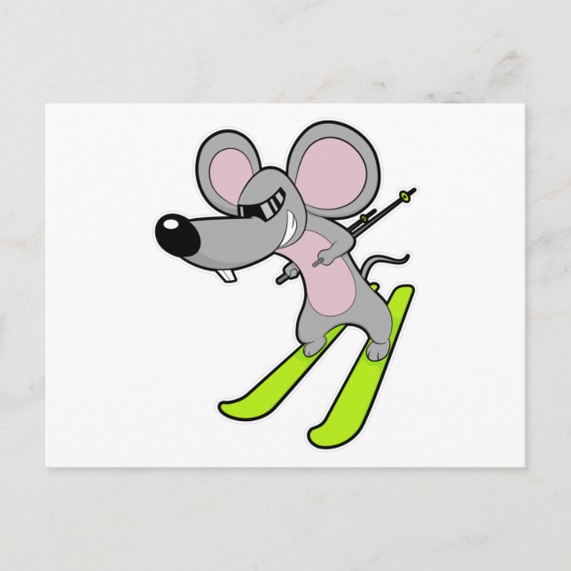 Carte Postale Souris comme skieur avec ski (Devant)