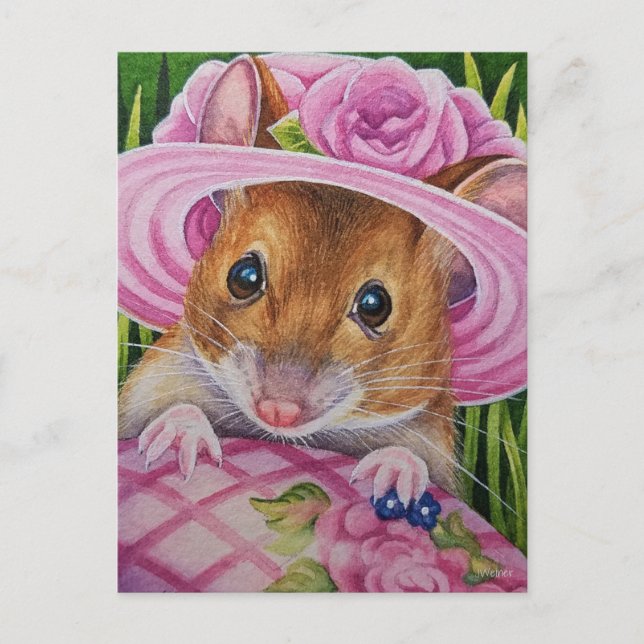Carte Postale Souris dans Bonnet Trouvé Oeuf rose Aquarelle Art (Devant)