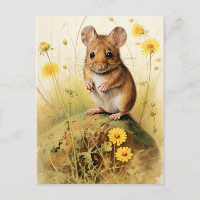 Carte Postale Souris de champ mignonne avec Fleurs Jaunes (Devant)
