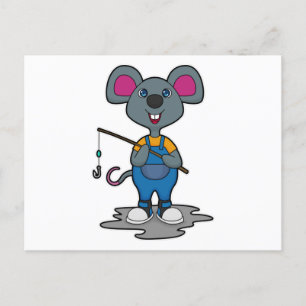 Carte Postale Souris en pêcheur avec canne à pêche