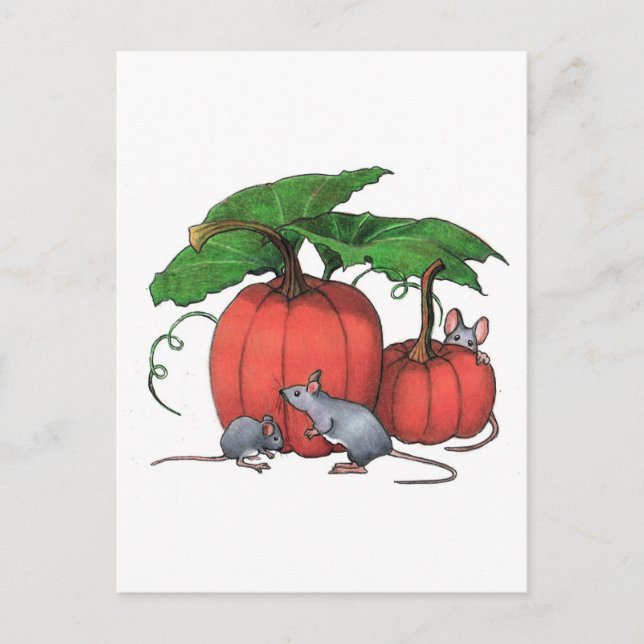 Carte Postale Souris Et Citrouilles : Belle Scène Automne : Art (Devant)