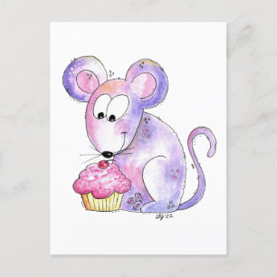 Carte Postale Souris fantaisiste mignonne avec un cupcake