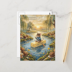 Carte Postale Souris Fantastique Flottant en Rivière sur du Beur