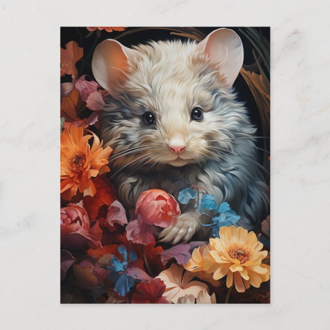 Carte Postale Souris mignonne dans les fleurs (Devant)