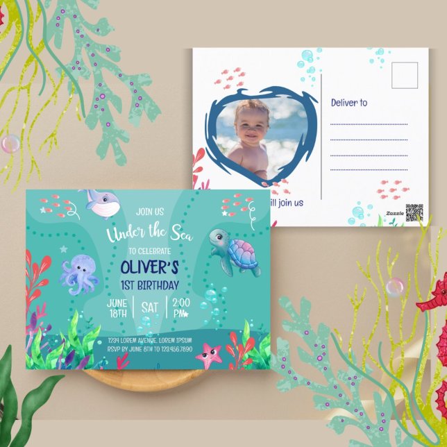Carte Postale Sous l'océan 1er anniversaire de bébé garçon  (Créateur téléchargé)