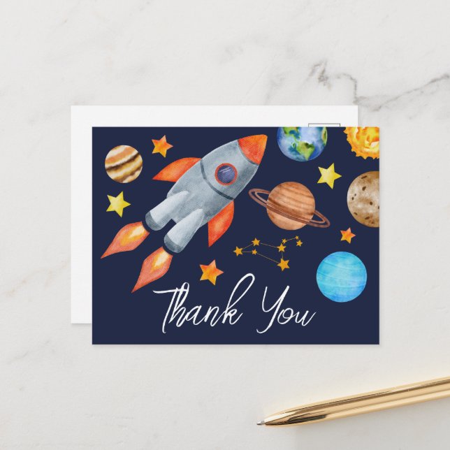 Carte Postale Space Rocket Ship Anniversaire Merci (Devant/Arrière en situation)