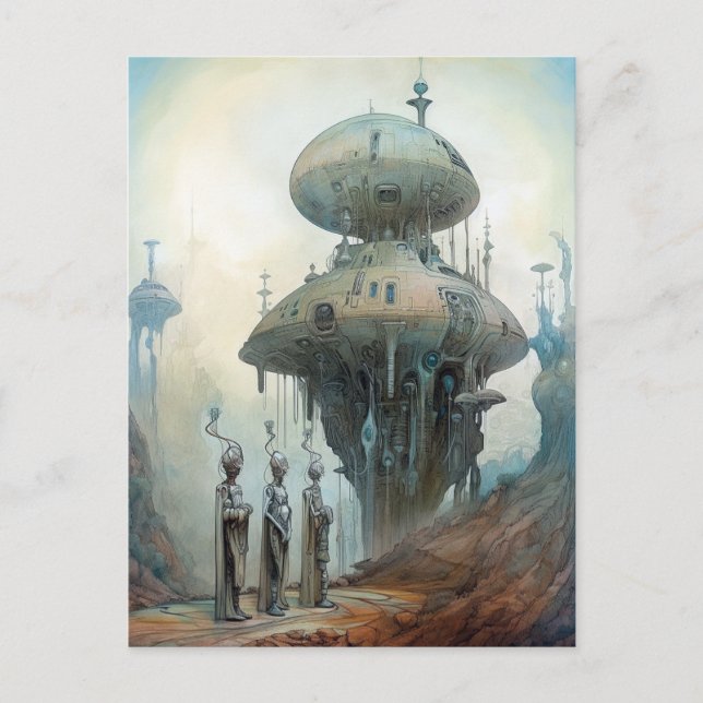 Carte Postale Spaceshiles rétrofuturistes Science Fiction Art (Devant)