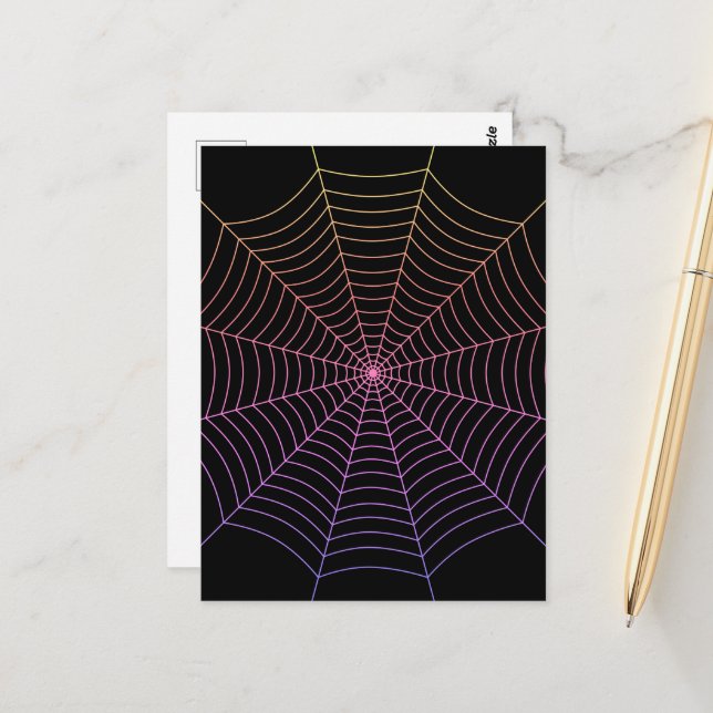 Carte Postale Spider web noir violet orange motif Halloween (Devant/Arrière en situation)