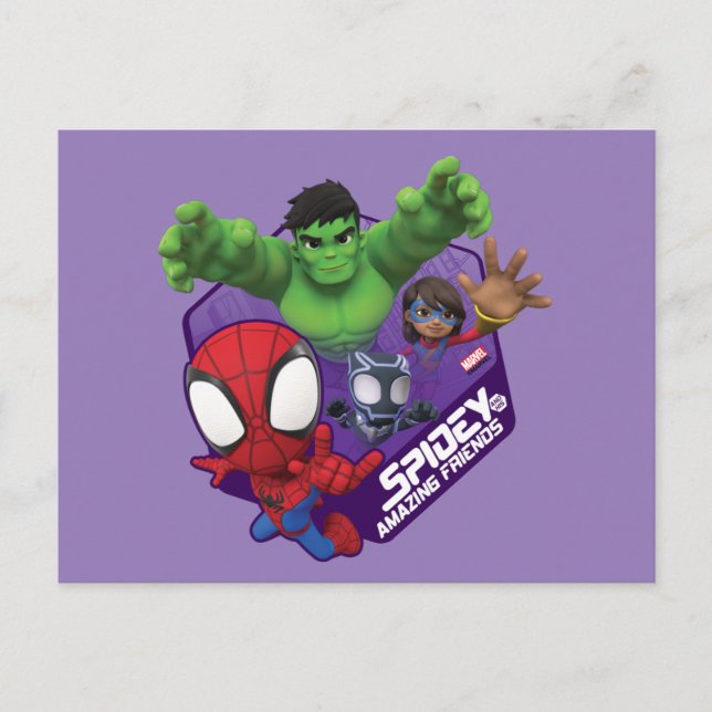 Carte Postale Spidey, Hulk, Mme Marvel et Black Panther Hexagone (Devant)