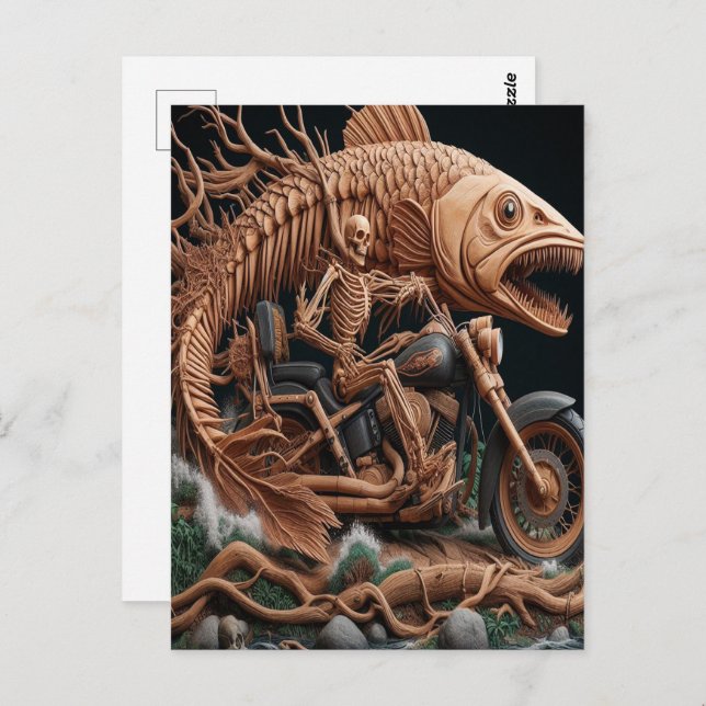 Carte Postale squelette a roulé son vélo à hélico sur la piste (Devant / Derrière)