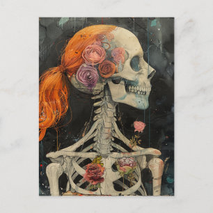 Carte Postale Squelette aux cheveux roux avec des fleurs