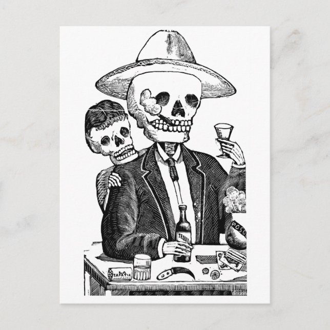 Carte Postale Squelette Boire de la Tequila et Fumer, Mexique (Devant)