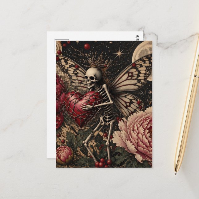 Carte Postale Squelette de fée et fleurs de pivoine Fantastique  (Devant/Arrière en situation)
