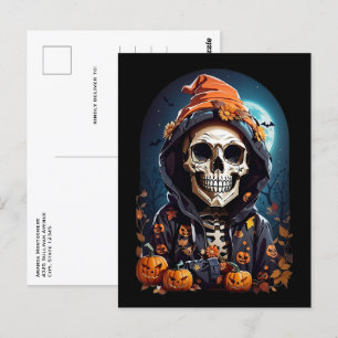 Carte Postale Squelette déplaisant & Halloween Citrouille d'auto