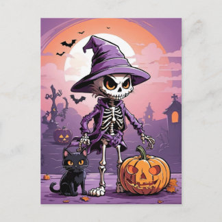 Carte Postale squelette d'Halloween avec chat noir et citrouille