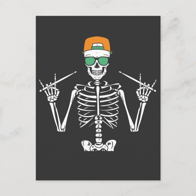 Carte Postale Squelette d'Halloween Rock Hand jouant de la batte (Devant)
