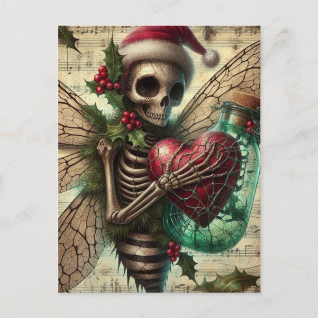 Carte Postale Squelette Fée de Noël avec un coeur rouge (Devant)