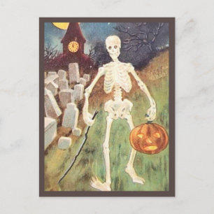 Carte Postale Squelette Holding Citrouille - Halloween Vintage