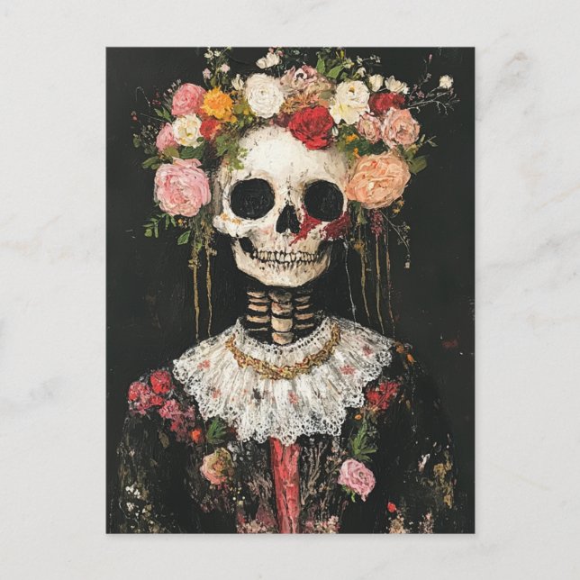 Carte Postale Squelette humain dans la couronne de Boho Floral (Devant)