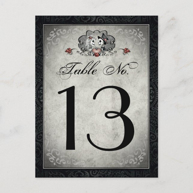 Carte Postale Squelettes mariages noir gris et chiffres de table (Devant)