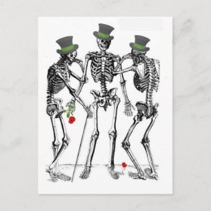 CARTE POSTALE SQUELETTES S'AFFICHANT EN IMPRIMER VINTAGE CASQUET