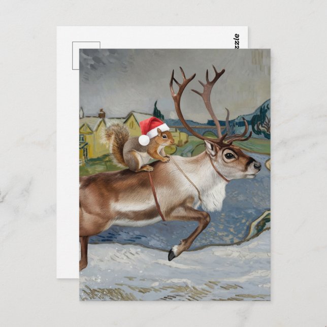 Carte Postale  Squirrel Santa and Adorable Reindeer Christmas (Devant / Derrière)