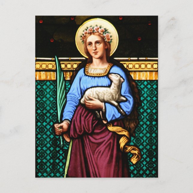 Carte Postale St Agnes de Rome, tenant agneau et feuille de palm (Devant)