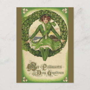 Carte Postale St. Patrick's Day vintage, Irish Lass in a Wreath