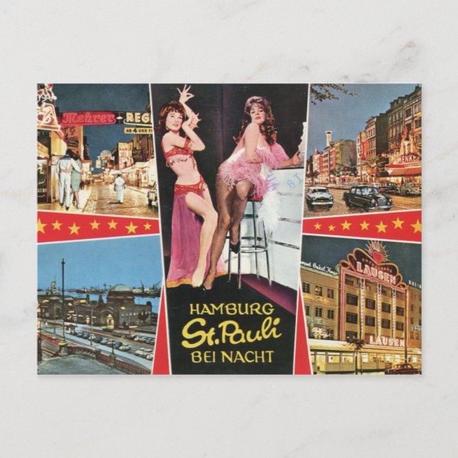 Carte Postale St Pauli par nuit, Hambourg, Allemagne Vintage (Devant)