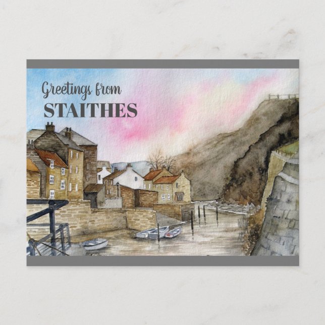 Carte Postale Staithes Yorkshire Angleterre aquarelle peinture (Devant)