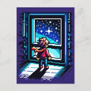 Carte Postale Stargazer à la fenêtre Dreamy Pixel Art Night Sky