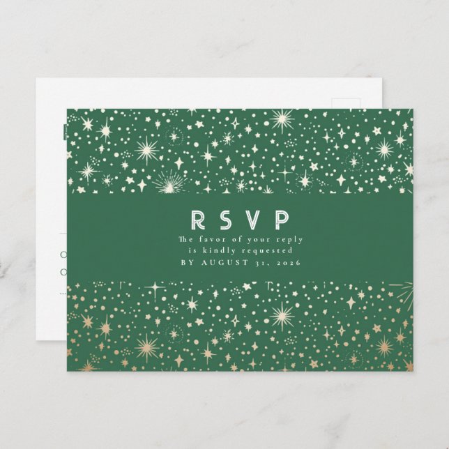 Carte Postale Starry Night Green et Gold Wedding RSVP (Devant / Derrière)