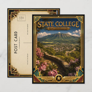Carte Postale State College Pennsylvanie Art Déco Doré Vintage