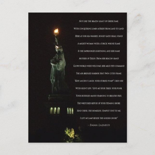 Carte Postale Statue de la Liberté à la nuit/Emma Lazare Poème (Devant)