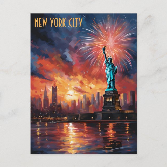 Carte Postale Statue de la Liberté New York City Feu d'artifice  (Devant)
