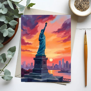 Carte Postale Statue de la Liberté NYC Skyline Sunset Watercolor