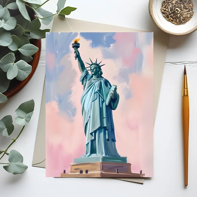 Carte Postale Statue de la Liberté Pastel Sunset NYC Aquarelle (Créateur téléchargé)
