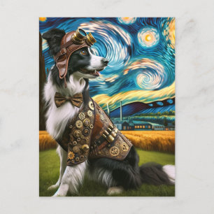 Carte Postale Steampunk Border Collie dans la nuit étoilée