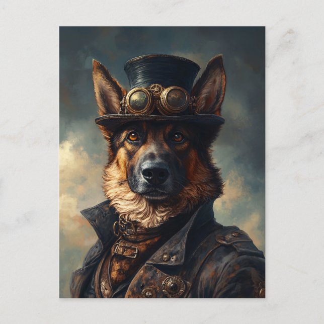 Carte Postale Steampunk Chien berger allemand en haut du chapeau (Devant)