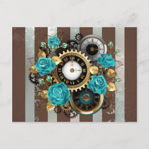 Carte Postale Steampunk Clock and Turquoise Roses on Striped