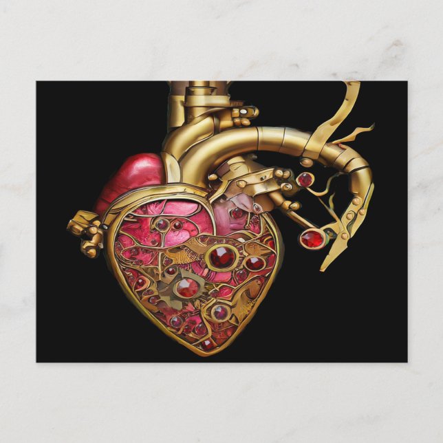 Carte Postale Steampunk Coeur Anatomique rubis et engrenages (Devant)