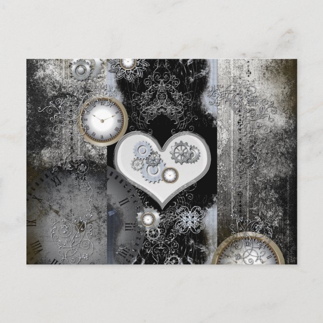 Carte Postale Steampunk, coeur merveilleux avec horloges et engr (Devant)